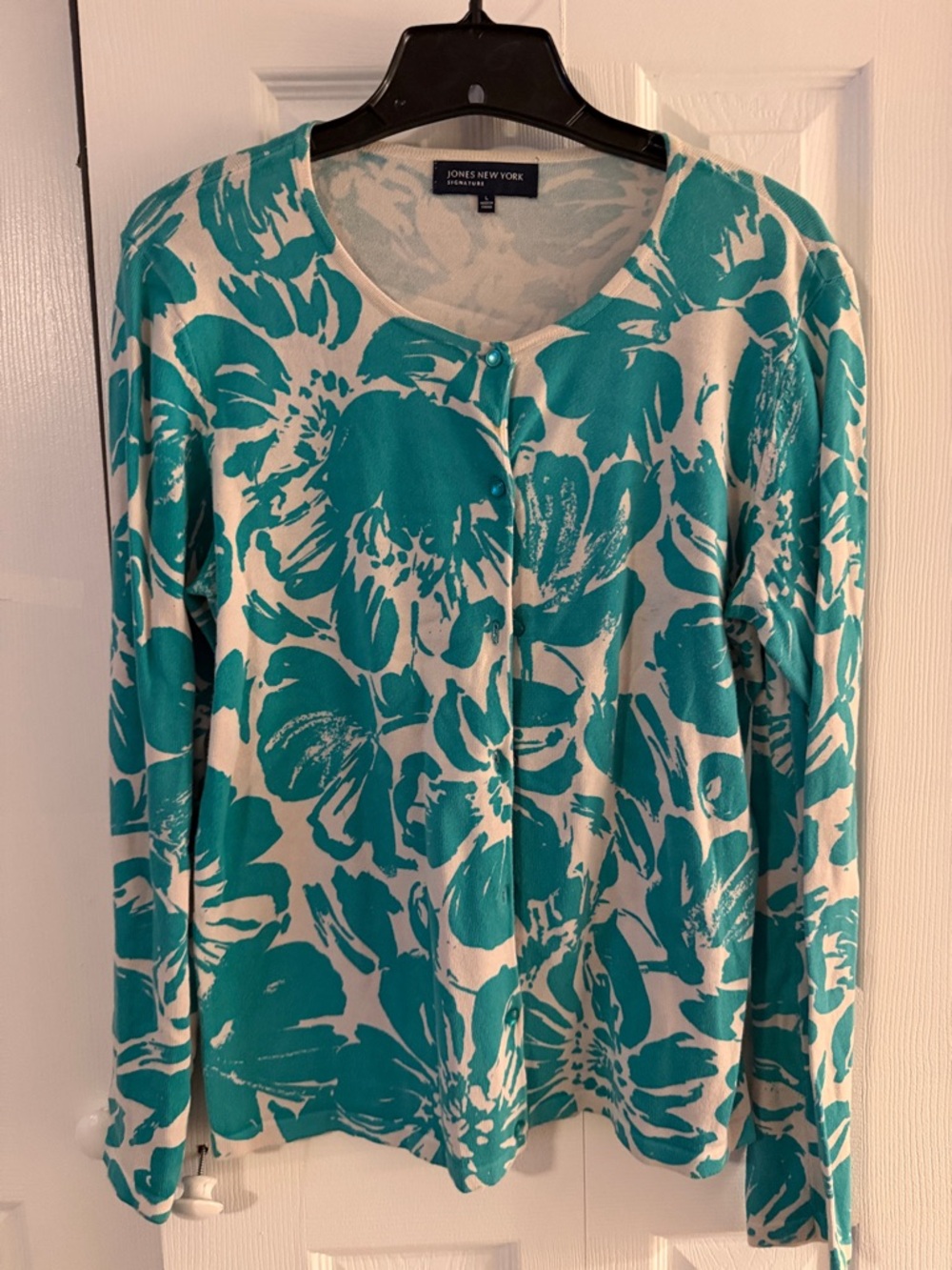 Jones New York Teal and White Floral Pearl-Button Front Cardigan, L